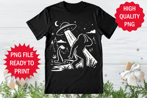 Alien Ship and Dinosaur Finding Bigfoot: Bold Graphic Design