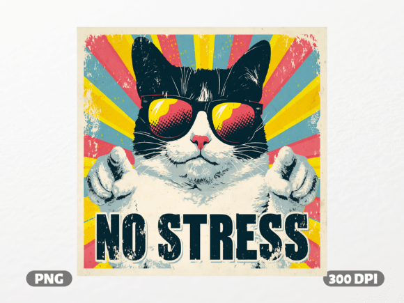 No Stress Retro Cat PNG: A Cool Design Asset