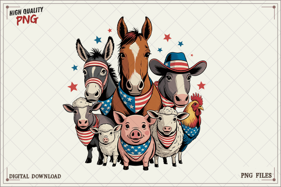 Patriotic Farm Animals 4th of July PNG: Festive Graphics for Your Projects