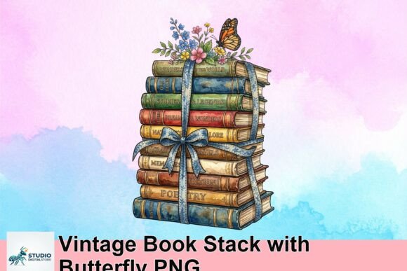 Vintage Book Stack with Butterfly PNG: Whimsical Design Asset